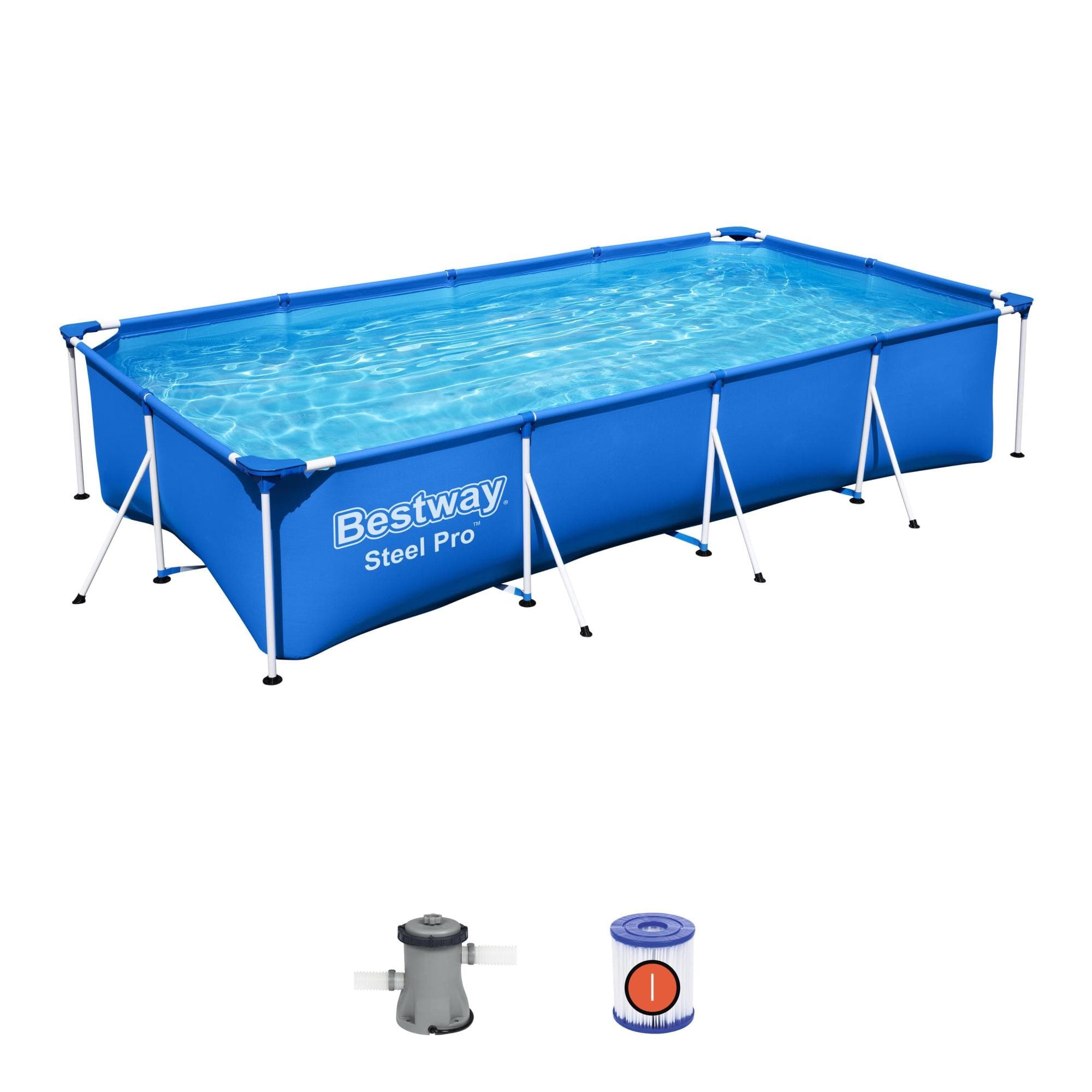 Set piscina fuori terra rettangolare Steel Pro da 400x211x81 cm blu