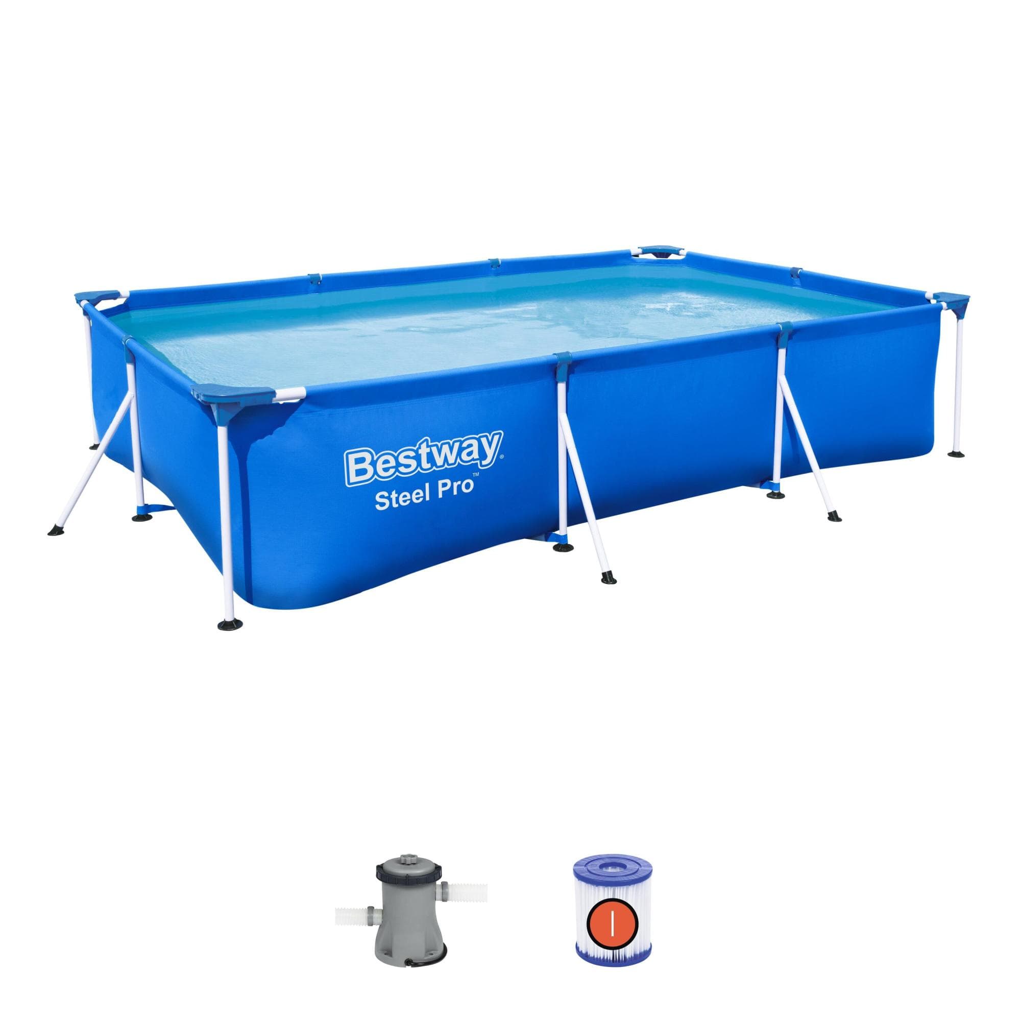 Set piscina fuori terra rettangolare Steel Pro da 300x201x66 cm blu