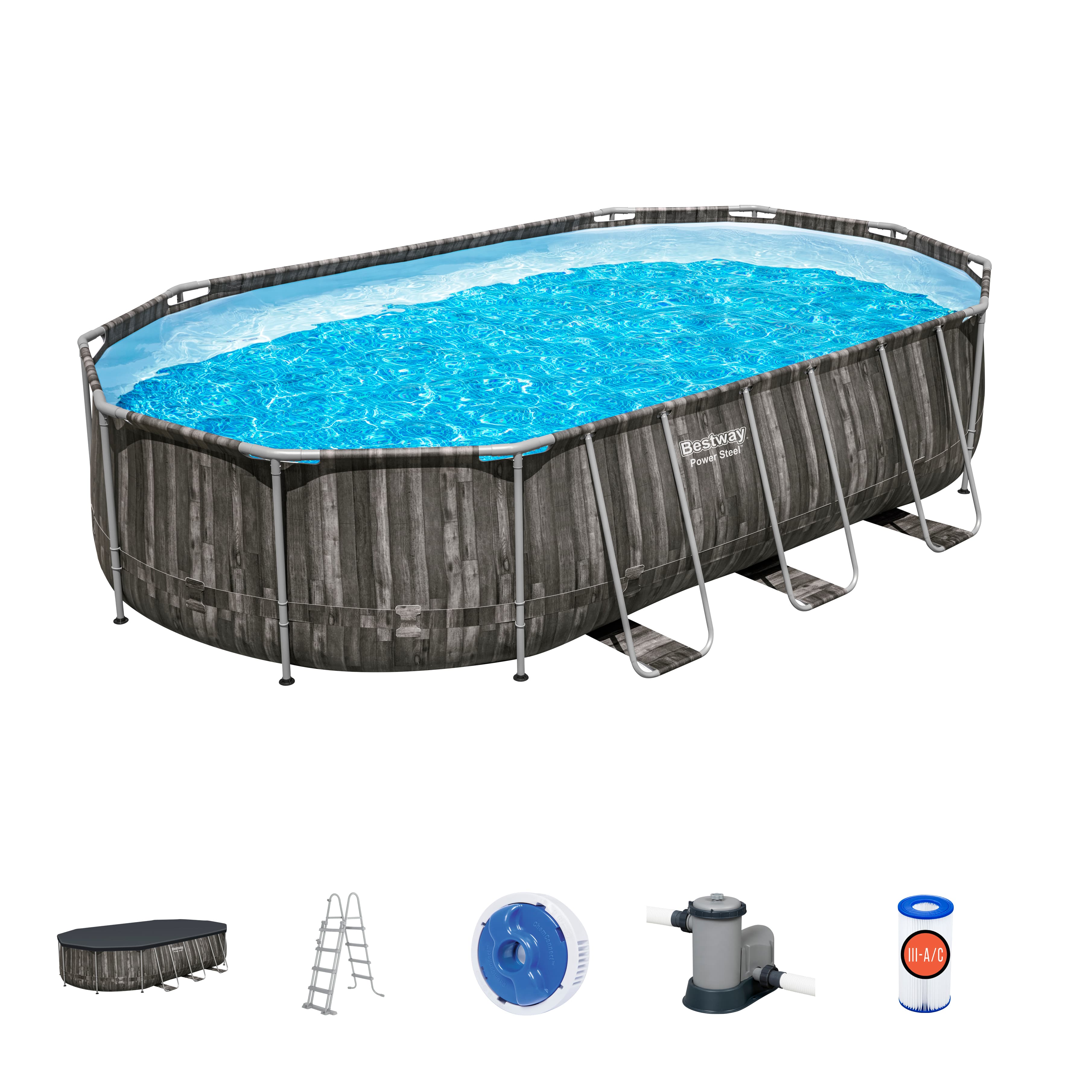 Set piscina da 610x366x122 cm effetto legno scuro