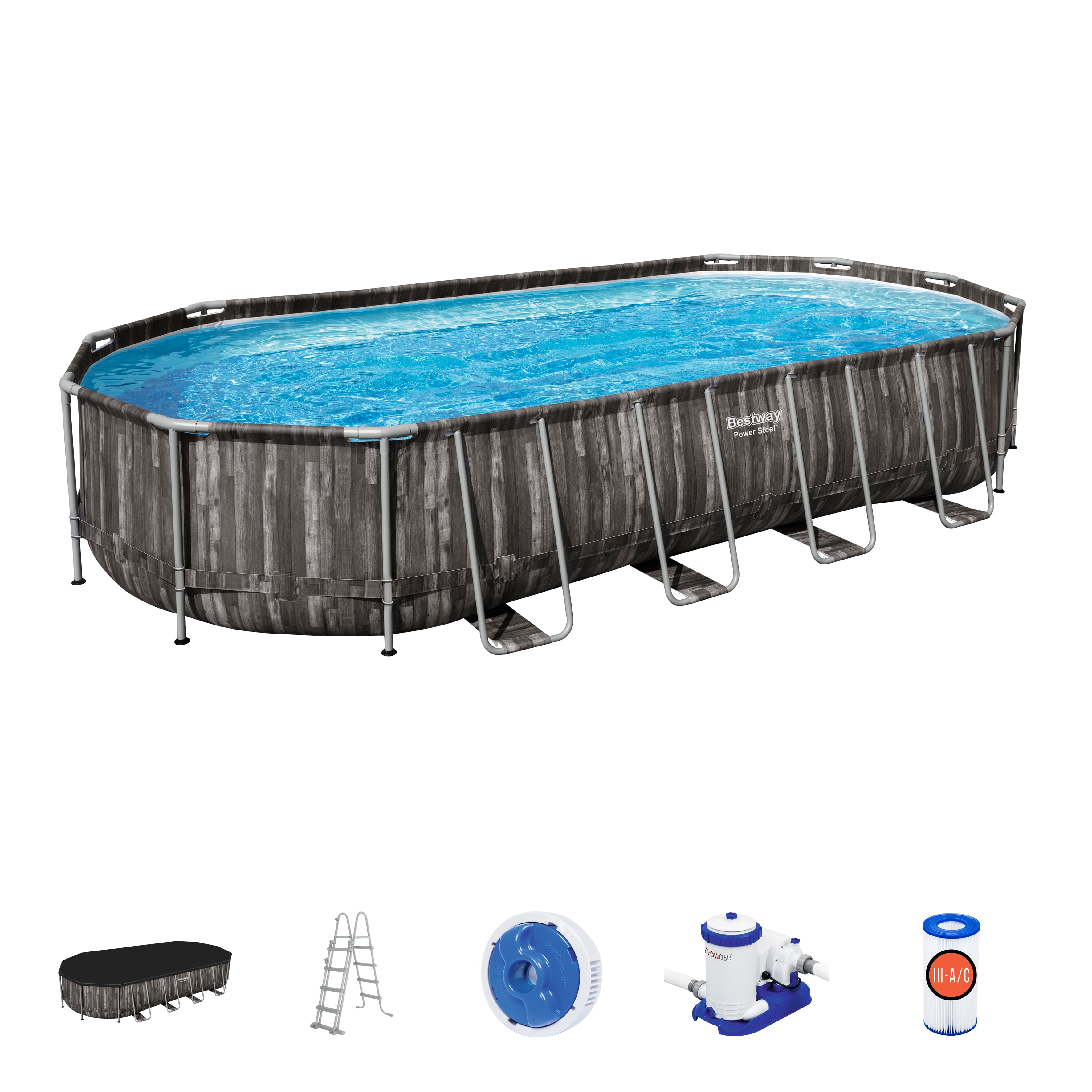 Set piscina da 732x366x122 cm effetto legno scuro